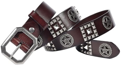 MYIESAXL Nietengürtel Aus Metall, Punk-Rock, Nietengürtel, Punk-Ledergürtel, Fäden, Nieten-Gothic-Gürtel mit Pyramiden- und Sternnieten für Männer/Frauen, 38 Mm Breit