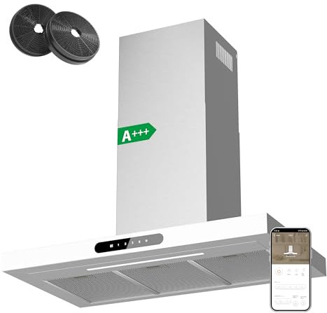 Ciarra Dynamic A+++ Dunstabzugshaube 90 cm Umluft CBCW9102 App SensorTouch Bedienung Abluft Abzugshaube 650 m³/h mit Dimmbare LED-Beleuchtung Wandhaube Edelstahl Glas Weiß