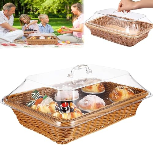 Cestino per il pane intrecciato in vimini per servire, cestino per il pane in finto rattan con coperchio in acrilico per alimenti, cestino da tavolo per servire cibo, cesto di frutta per cucina