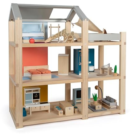 Small Foot Puppenhaus aus Holz, Naturfarben – 3-stöckig mit Dachterrasse und 51-teiligem Möbelset, fördert kreatives Spielen, ab 3 Jahren geeignet, 12541