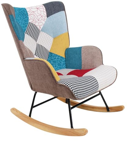 WeHome Stoppad gungstol med armstöd, relaxfåtölj, gungstol, trä- och metallfåtölj med flerfärgat överdrag 96 x 66 x 90 cm (Patchwork, patchwork)