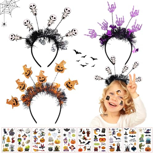 XLZJYIJ Halloween Haarreif Set, Halloween Kopfbedeckungen mit Halloween Tattoo Aufkleber, Halloween Skelett Stirnband Kürbis Kopfschmuck Stirnband Skelett Hand Haarbänder für Halloween Party Cosplay