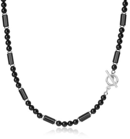 GAVU Herren Onyx Halskette mit 6mm Schwarzer Kristall Perlen Naturstein Kette für Männer 55cm