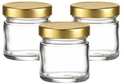 1.5oz (41ml) Mini Jam Jars with Gold, Black or Silver Twist-Off Lids | Ideal for Wedding Favours, Samples & Preserves | J&B (100, Gold)