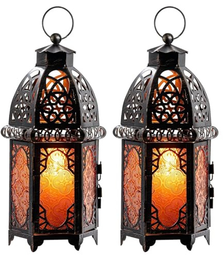 DECORKEY Dekorative marokkanische Kerzenlaterne im Vintage-Stil, groß, 2 Stück, 32 cm, Metall-Laterne zum Aufhängen und Tischen, Kerzenhalter, Dekoration, Halloween-Weihnachtsdekorationen für Zuhause,