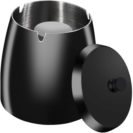 HONZUEN Aschenbecher für Draussen mit Deckel, Windaschenbecher XL, Schwarz | Wind- & wettergeschützt | Robuste Edelstahl-Konstruktion | Deckel hält Asche zurück | 3 Zigarettenablagen | Leichte Reinigung