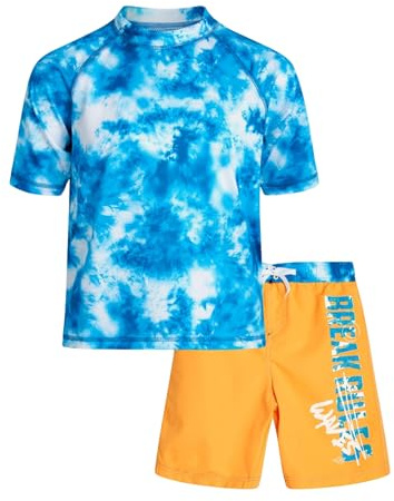 Trsenvrml Boys Swimwear Sets Kids Rash Guard Swimsuit Short Sleeve Bathing Suit Tie Dye Swim Shirts Trunks Shorts (Blue Orange, 11-12T)