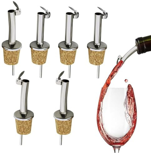 Set of 6 Stainless Steel Cork Olive Oil Pourers with Hinged Flip Top Cap – Perfect Drizzlers for Olive Oil, Vinegar, Wine, Liquor, Coffee, and Syrups,Olive Oil Bottle drizzler