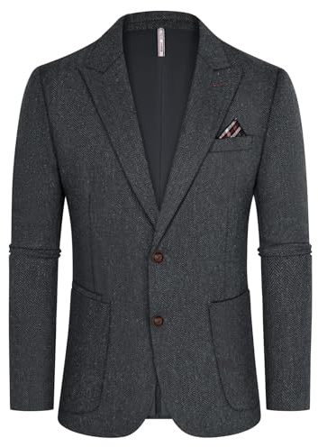 PJ PAUL JONES Mens Vintage Blazers Wool Blend Peaked Lapel Sport Coat British Herringbone Blazer 2 Buttons Dark Grey M