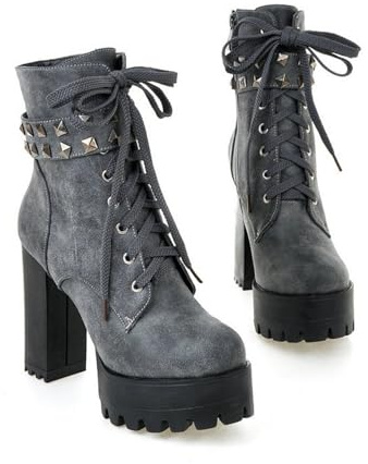 ENWIND Botas Militares Mujer Botines de Tacón Alto Plataforma Moda Invierno Botas Cortas con Cordones y Cremallera,Gris,45 EU