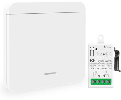 DieseRC Wireless Light Switch, 86 Wall Panel RF Transmitter and 10 A Relay Receiver Controller, On/Off for Lights up to 1500W