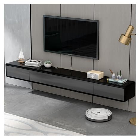 Druckerständer, schwebende TV-Konsole mit 2 Schubladen, wandmontiertes Medienregal für kleine Wohnungen, moderner Lagerschrank für unter den Fernseher, Grau + Schwarz, 160 cm