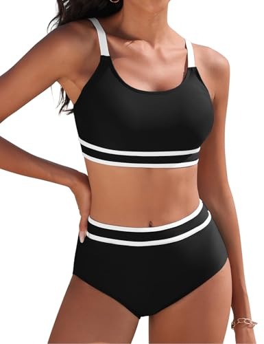 Tuopuda Costume Donna Due Pezzi Push Up Imbottito Reggiseno Costumi da Bagno Bikini Mare a Spiaggia Piscina Curvy Swimwear Regolabile, Nero, XXL
