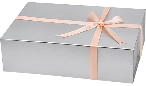 batifine Geschenkbox, 33 x 22,9 x 9,4 cm, Geschenkboxen mit Deckel für Geschenke, magnetisch, rechteckig, zusammenklappbar, für Geschenk, Abschluss, Geburtstag, Hochzeit, Aufbewahrung (Silber