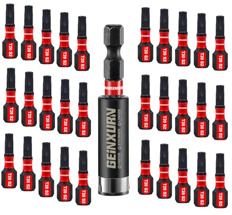 GEINXURN Lot de 31 Embouts de Tournevis Torx T20 25 mm de Longueur Embouts de Vissage Magnétiques Acier Allié S2 Tige 1/4 Hexagonale Étoile Torx Embout pour Visseuse avec Porte Embout de 60 mm