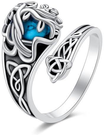 QHQPQ Vintage Ring 925 Sterling Silver Turquoise Tree of Life Spoon Ring Celtic Jewellery Birthday Gifts for Women Men