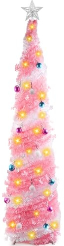 Christmas Tree, 5ft Collapsible Pop Up Christmas Trees Pink Tinsel Coastal Christmas Tree with Timer, 100 Lights, 15 Balls for Holiday Xmas Decorations, Home Display, Office Decor