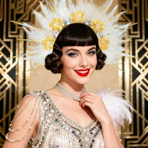 JeVenis Halloween Kopfschmuck Weiße Feder Kopfbedeckung Karneval Zubehör Kopfschmuck für Frauen Flapper Kostüm Zubehör