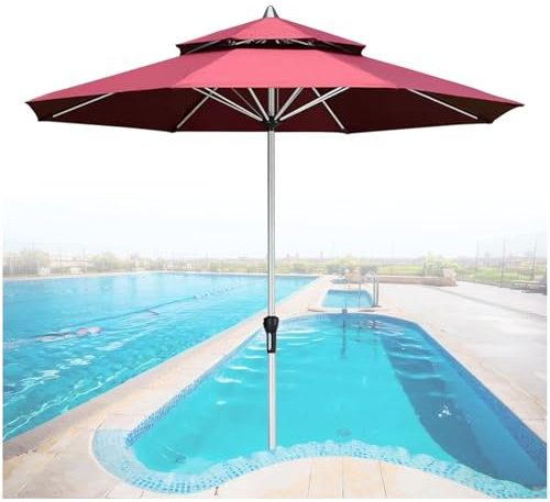 ZEEKYFOR Ombrellone da Giardino 9 Piedi, Ombrellone da Spiaggia per Esterni, Ombrellone da Tavolo per 4-6 Persone, Tavolo e Sedia, Ombrellone da Mercato, Ombrelloni da Giardino con Manovella,Red