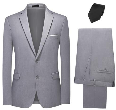 KUDMOL Costume Homme 2 Pièces Mariage Business Slim Fit Smoking à Deux Boutons de Couleur Uni à la Mode Blazer Veste et Pantalon avec Cravate(Gris Clair,XS)