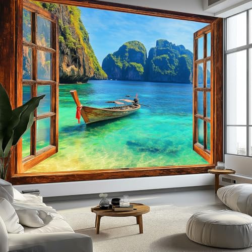 Murales de Pared Velero de Montaña Rocosa Papel Tapiz, Paisaje Natural Murales de Pared Decorativos para Sala de Estar y Dormitorio (220gsm Tela No Tejida Premium, 200 x 140 cm (W x H))