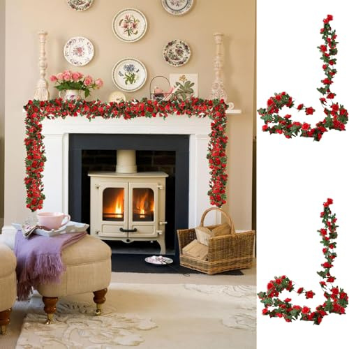 LaresDay 2 Stück Künstliche Rosen Girlande Set, 4.9m (2x2.45m) mit 45 Rosenblüten, Wie Echt Elegante Blumengirlande für Hochzeit, Party, Garten, Balkon - Rot (Rot)