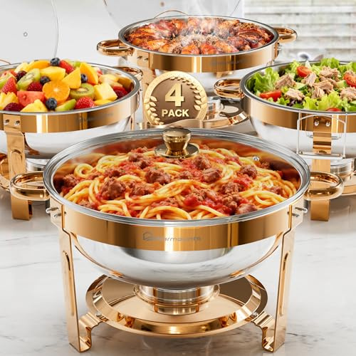 WARMOUNTS Chafing Dish Buffet 5L 4er Set Rose Gold, Rund Speisenwärmer für Catering mit Glasdeckel & Deckelhalter, Stapelbar Hochglanzpoliert Edelstahl Lebensmittelecht für Feiern, Hochzeit, Events