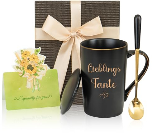 Tasse für Tante,Lieblings Tante Kaffeetasse, Schwarze Keramiktasse mit Goldschrift, Geschenkidee zu Weihnachten, Geburtstag, Muttertag oder als Dankeschön, 400 ml mit Deckel, Löffel & Box