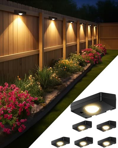 FabStyl Solar Fence Lights Outdoor, 3000/4500/6000K 3 Mode, Fence Lights Solar Powered for Outside Backyard, Railing, Step, Patio, Fence Post, Home Improvement Garden Decor，6 Pack