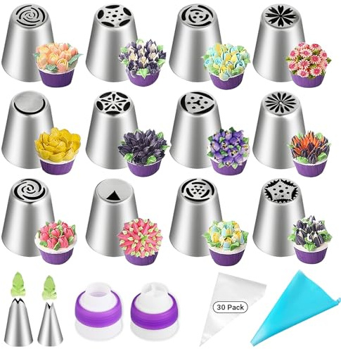 47 Pièces Douille Patisserie Professionnel - Douilles Fleur Pâtisserie en Acier Inoxydable - Douilles Russe Professionnelle avec Poche à Douille TPU Réutilisable pour Décorer Gâteaux Cupcake