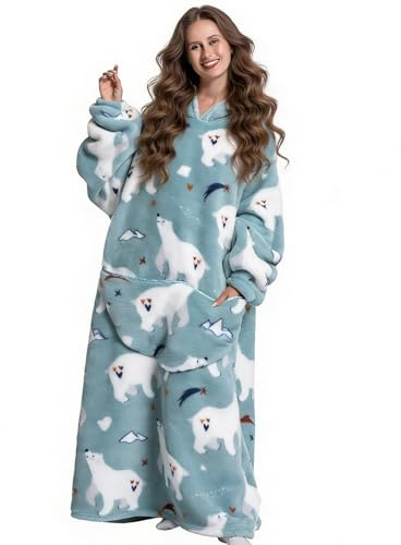 Extra Long Oversized Blanket Hoodie for Adults Women Men, Snuggle Fleece Hooded Wearable Blanket Sweatshirt with Sleeves and Pocket, Ultra Soft Warm Hoodie Blanket, Warm Cozy Lounge Pullover