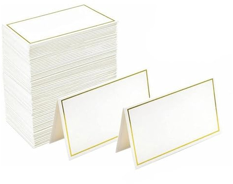 100 Pcs Table Place Cards, White Blank Name Cards with Gold Foil Border, 2” x 3.3” Folded Tent Card Table Place Cards, Wedding Place Cards for Weddings Banquets Events Table Setting