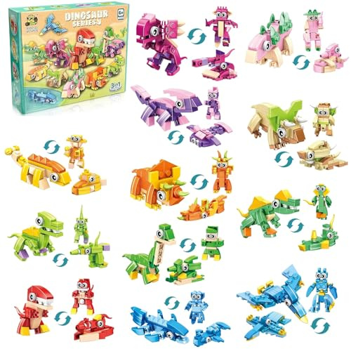 QingWing 12 Stück Gastgeschenke Baustein Spielzeug, 3 In1 Dinosaurier Bausteine Set, Mini Tier Baukasten Set, Bausteine Spielzeug Kit, für Geschenk Jungen und Mädchen ab 3 Jahren (Stil A)