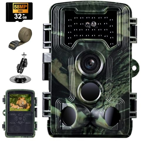 Fototrappola 2,7K 58MP, Fotocamera Caccia Grandangolare 120 ° Fototrappole Infrarossi Invisibili con Scheda 32GB, Foto Trappola di Sorveglianza per Animali Movimento Attivato Visione Notturna 0,1s