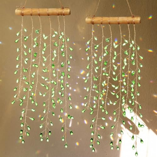 Suncalla 2 Pcs Crystal Suncatchers for Window Boho Decor Hanging Sun Catcher Making Rainbow Green Plants Artificial Crystal Prisms Wind Chime with Chain for Garden Home Wedding Ornament Gift
