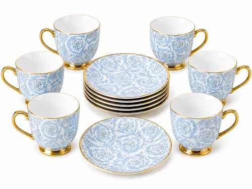 Vintage Bone China Tea Cup and Saucer Set – 5oz (160ml) Porcelain Floral Coffee Cup with Gold Trim, Elegant Mint Green Tea Set for Women, Afternoon Chai Party, Wedding, or Gift - 6cm Cup 10cm Saucer