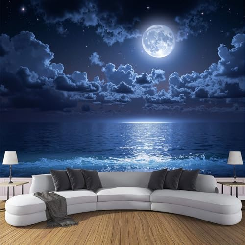 Papel Pintado Pared Cielo Nocturno Completamente Negro, 250x175cm Papel de Pared Panorámico Mar Brillante Fotomurales Decorativos Murales Para Salón Dormitorio Habitación De Niños, Azul Oscuro