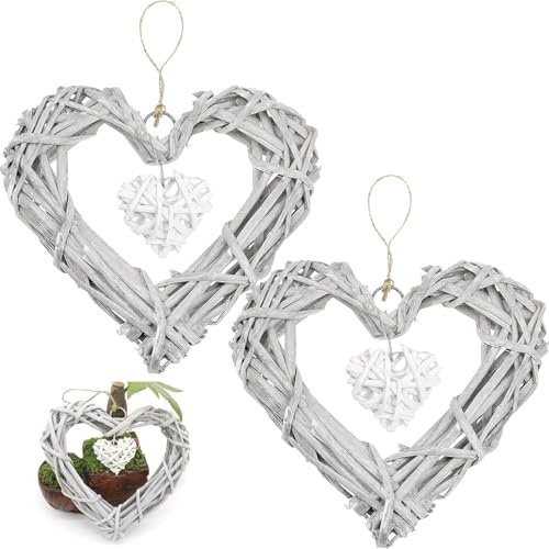 2 Piezas Corazón de Mimbre para Colgar,Grises Naturales de Mimbre Corazones para Colgar,Guirnalda de Mimbre en Forma, para Bodas, Fiestas, Decoraciones de Pared