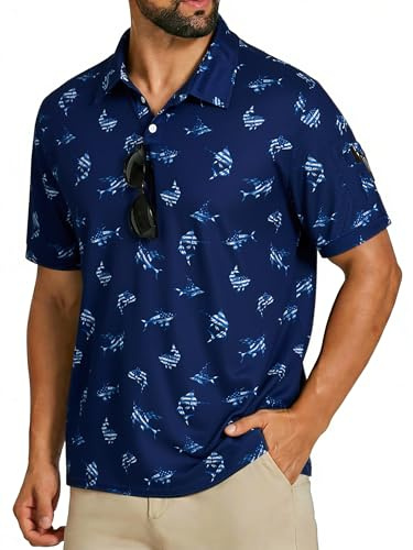 Cozople Polo Shirts for Men Navy Marlin Performance Tactical Shirt Lightweight Quick Dry Pique Golf Polos Short Sleeve for Sport Cycling Fishing Business, Medium