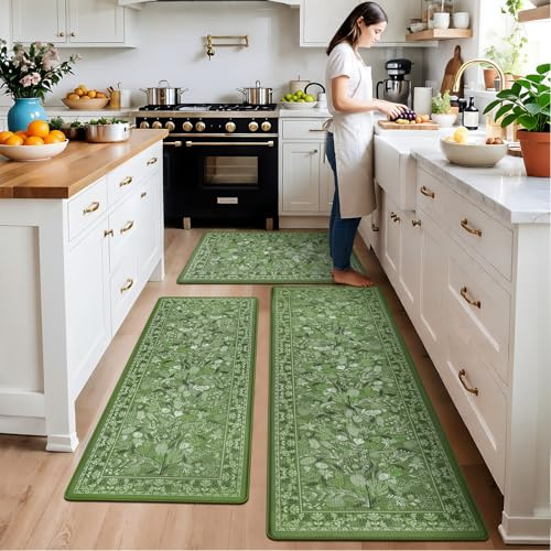 Kitchen Rugs Sets of 3 Green Botanical Floral Anti-Fatigue Kitchen Mat, Waterproof Non Slip Comfort Standing Mat Rug for Home, Sink, Laundry 17.3x29.5+17.3x47.2+17.3x59