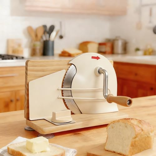Manuelle Brotschneidemaschine Zusammenklappbar Sauerteig-Brotschneider Brot Schneider für Selbstgebackenes Brot, Einstellbare Dicke 0–2 cm dick, mit Handkurbel ＆ Rutschfest Saugnäpfen (Weiß)