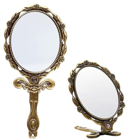 Hontaog Specchio a Mano Vintage,Specchio Ovale Piccolo,Specchios Tascabile con Manico,specchios portatile,Pieghevole,per Viaggi, Casa, Ufficio,Donne Ragazze