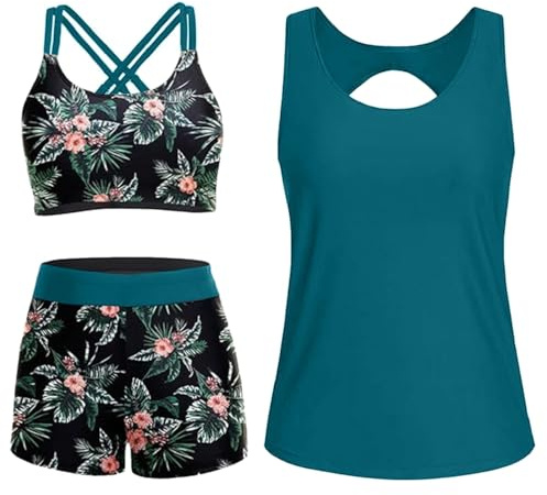 Yutdeng Tankini Mujer Reductor Barriga Tankinis Camiseta Baño Top Bikini Push Up Pantalon Short Bañador Mujer con Pierna Vientre Plano Traje de Baño Mujer 3 Piezas Bañadores Reductores