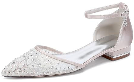 Yhsdfcn Spets och Satin Mix Bröllopsskor Dam Platta Brudskor Strass Spetsiga Ballerinaskor d'Orsay Ankelrem med Kristallhänge Bekväma Festskor Elegant,Champagne,41 EU