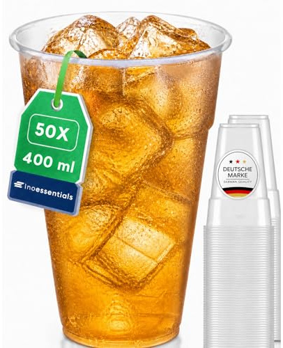 Inoverse 100 Stk Plastikbecher 400 ml Transparent – Trinkbecher 0,4 l Einweg aus Kunststoff für Cocktails, Longdrinks, Softdrinks, Party, Festival, Catering & Ausschank – Klare Partybecher