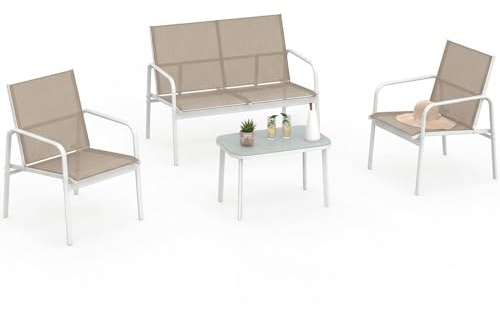 IDMarket - Set di mobili da Giardino Basso a 4 posti TOLEDE con Divano, poltrone e Tavolo in Bianco e Beige