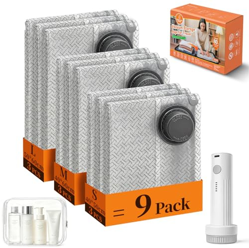 Vacuum Storage Bags, 9‑Pack Reusable Travel Vacuum Bags with Wireless Pump, 3 Sizes Space-Saving Vacuum Pack Bags for Clothes,Holiday Travel Essentials