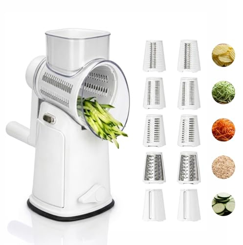 Rotary Cheese Grater 5 Blade Cheese Shredder Strong Suction Base Hand Crank Slicer for Fruit Cucumber,Carrot,Nut - Nut Grinder Rotary Drum Grater (White)