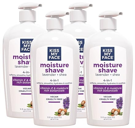 Kiss My Face Moisture Shave Cream, Lavender and Shea Shaving Cream for Men and Women, 11 oz Pump Bottle (Lavender and Shea, Pack of 4)