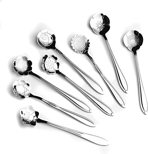 MINGZE 8 Pieces Flower Tea Spoons Set, Tableware Creative Stainless Steel Coffee Spoon Teaspoons, for Coffee Tea Parties, Stirring, Mixing, Sugar, Dessert, Jam, Ice Cream Spoon (Silver)